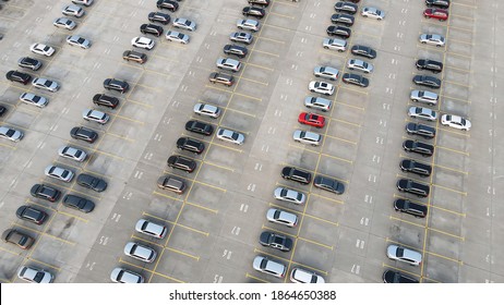 Aerial View Of New Cars Lined Up Parking Outside Factory On Car Factory Background.