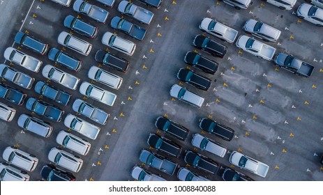 Aerial view new cars parking for sale stock lot row, New cars dealer inventory import export business commercial global, Business automobile and automotive industry distribution logistic and transport - Shutterstock ID 1008840088