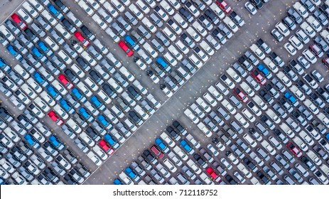 Aerial view new cars parking for sale stock lot row, New cars dealer inventory import export business commercial global, Business automobile and automotive industry distribution logistic and transport