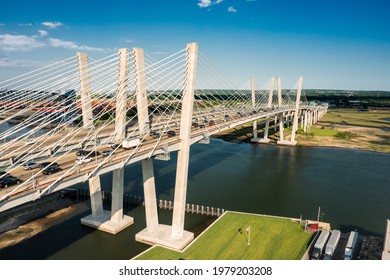 Aerial view of the New Goethals Bridge, spanning Arthur Kill strait between Elizabeth, New Jersey and Staten Island, New York on a sunny afternoon. The New Goethals Bridge carries 6 lanes of I-278.