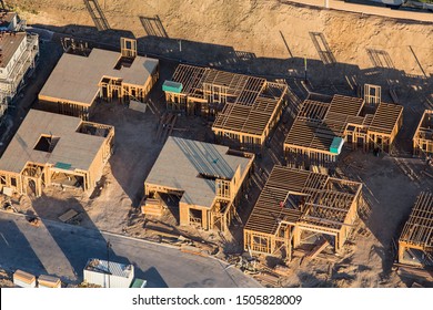 Aerial view of new neighborhood construction in the San Fernando Valley area Los Angeles, California.