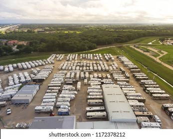 Aerial View New, Pre-owned And Consigned Recreational Vehicle At RV Dealership, Consignment Parking Lots In Houston, Texas, USA