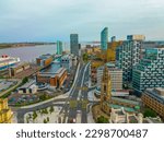 Aerial view of New Quay Road with Liverpool modern skyline at the background at Liverpool, Merseyside, UK. Liverpool Maritime Mercantile City is a UNESCO World Heritage Site. 