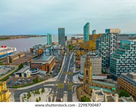 Aerial view of New Quay Road with Liverpool modern skyline at the background at Liverpool, Merseyside, UK. Liverpool Maritime Mercantile City is a UNESCO World Heritage Site. 