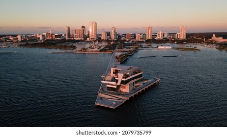 Aerial view of the new St. Petersburg Pier during sunrise.