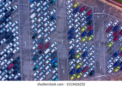 Aerial View New And Used Cars Lined Up In The Port For Import And Export.