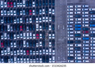 Aerial View New And Used Cars Lined Up In The Port For Import And Export.