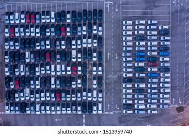 Aerial View New And Used Cars Lined Up In The Port For Import And Export.