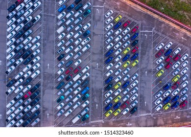 Aerial View New And Used Cars Lined Up In The Port For Import And Export.