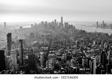 aerial view of New York City in black and white