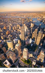 Aerial View New York City Skyline With Freedom Tower At Sunset, NY, USA