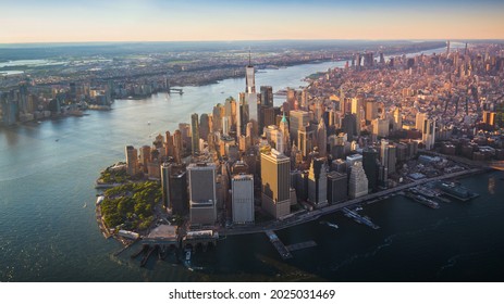 Aerial View New York City Skyline With Freedom Tower At Sunset, NY, USA