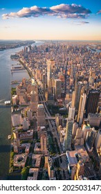 Aerial View New York City Skyline With Freedom Tower At Sunset, NY, USA