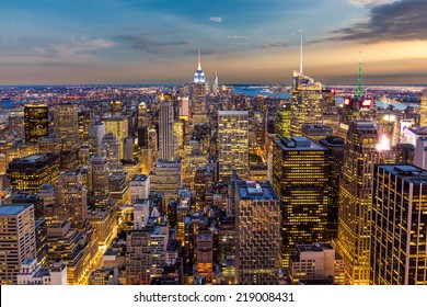 aerial view of New York City midtown Skyline at sunset