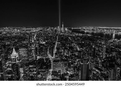 Aerial View of New York City Buildings Night Black and White - Manhattan - Powered by Shutterstock