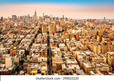 Aerial view with New York City avenues converging towards midtown. - Shutterstock ID 290023220