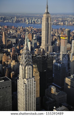 Aerial view of New York City skyline and Empire State building, Chrysler Building