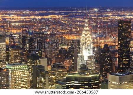 Aerial view of New York skyscrapers at night