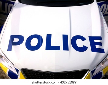 Aerial View Of New Zealand Police Vehicle Car Bonnet Hood. No People. Copy Space