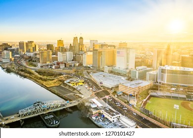 Aerial view of Newark New Jersey skyline on late sunny afternoon