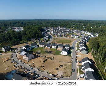 Aerial View Of Newly Built Single Family Homes Real Estate In A New East Coast USA Neighborhood