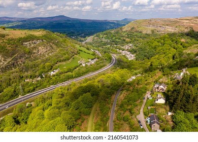 Aerial view of the newly completed A465 "Heads of the Valley" road near Clydach in Wales, UK