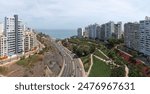 Aerial view of newly constructed residential buildings in Miraflores, Lima, Peru, showcasing modern urban development.