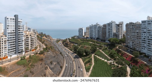 Aerial view of newly constructed residential buildings in Miraflores, Lima, Peru, showcasing modern urban development. - Powered by Shutterstock