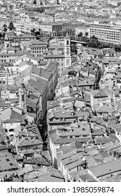 Aerial View Of Nice Old Town, Holiday Resort Town On The French Mediterranean Riviera In Nice, Cote D'Azur, France In Black And White