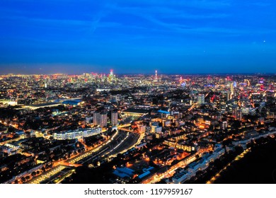 Aerial View Night Cityscape Of London With Urban Architectures. Icons Of The London Skyline Feat. Residential Areas Such As Euston, Fitzrovia, Marylebone With Central Famous Buildings In England, UK