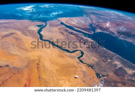Aerial view of Nile River, Red Sea and Mediterranean Sea. Egypt, Saudi Arabia, Israel and Jordan as seen from space. Satellite view. Elements of this image furnished by NASA.