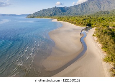 Aerial View Of Noah Beach In The Daintree Area Of Tropical Far North Queensland. In This Beautiful Section Of Coast The Rainforest Meets The Sea.