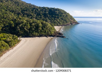 Aerial View Of Noah Beach Located On The Daintree Coast North Of Cairns. The Rainforest Meets The Ocean In This Pristine Section Of Coastland In Queensland Australia.