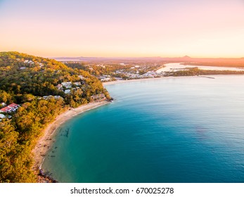 An aerial view of Noosa National Park at sunset in Queensland Australia