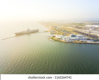 Aerial View North Beach In Corpus Christi, Texas, USA With Aircraft Carrier Ship