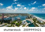 aerial view to north of boca raton, florida, with atlantic ocean beach to the east and lake boca raton in foreground.