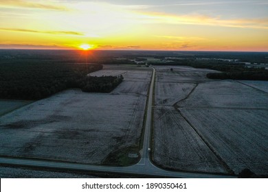 Aerial View Of North Carolina Cotton Fields At Sunset