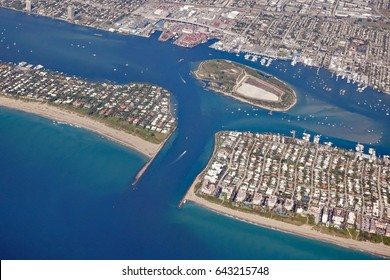 Aerial View Of The North End Of Palm Beach, Florida, With The Inlet And Peanut Island, And The Port Of Palm Beach.