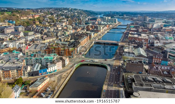 An\
aerial view of the North Quays of Cork city,\
Ireland.