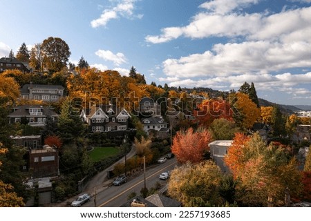 aerial view of north west Portland neighborhood in the falls with colorful trees foliages.