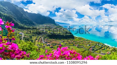 Aerial view of the northern coast of Madeira islands, from the Solar de Boaventura miradouro, Portugal