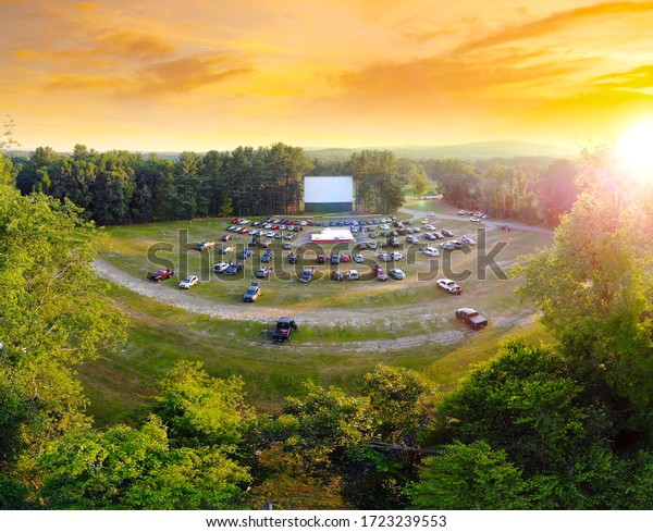 Aerial view of Northfield Drive-In Movie Theater\
at Sunset