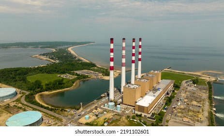 An Aerial View Of The Northport Power Station, On A Cloudy Day. A Natural Gas And Conventional Oil, Electric Power Generating Plant. It Is The Largest Power Generation Facility On Long Island, NY.