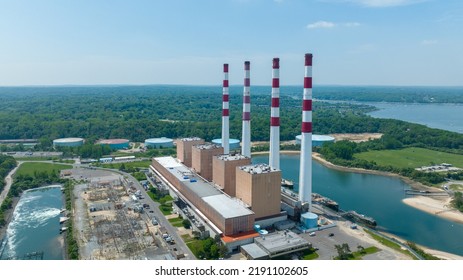 An Aerial View Of The Northport Power Station, On A Cloudy Day. A Natural Gas And Conventional Oil, Electric Power Generating Plant. It Is The Largest Power Generation Facility On Long Island, NY.