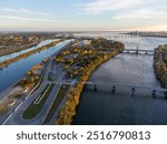 Aerial view of Notre Dame Island Circuit Gilles Villeneuve in autumn sunset time. Montreal, Quebec, Canada.