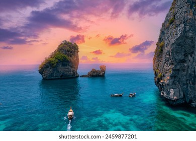 Aerial view of Nui beach in koh Phi Phi Don island, in Krabi, Thailand, sunset light. - Powered by Shutterstock