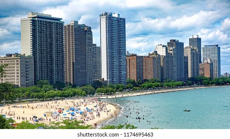 Aerial View Of Oak Street Beach Park In Downtown Chicago, On Lake Michigan.