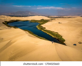 Aerial View Of Oasis In The Desert In Peru, Moron Lake.