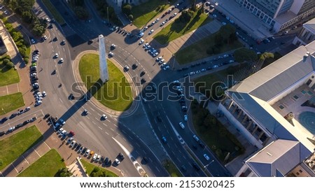 Aerial view of the Obelisk of Marconi, also known as Obelisk of EUR. This obelisk is located in Rome, Italy.