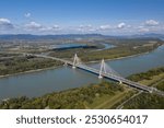 Aerial view of the oblique cable-stayed bridge over the Danube on the motorway surrounding Budapest